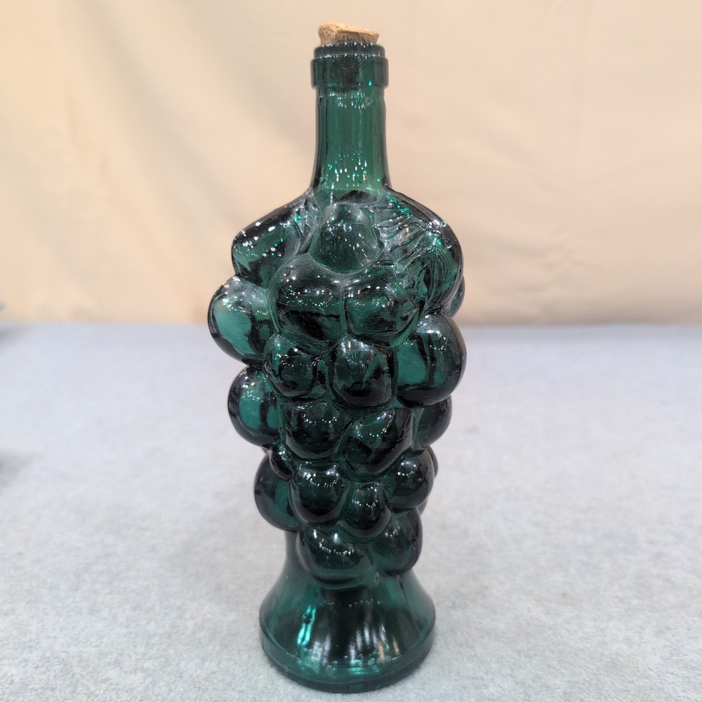 Vintage Teal Green Glass Grape Cluster Decorative Bottle with Cork Stopper
